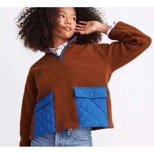 Madewell (Re)sourced Fleece Quilted-Pocket Quarter Zip Jacket Womens XS Brown